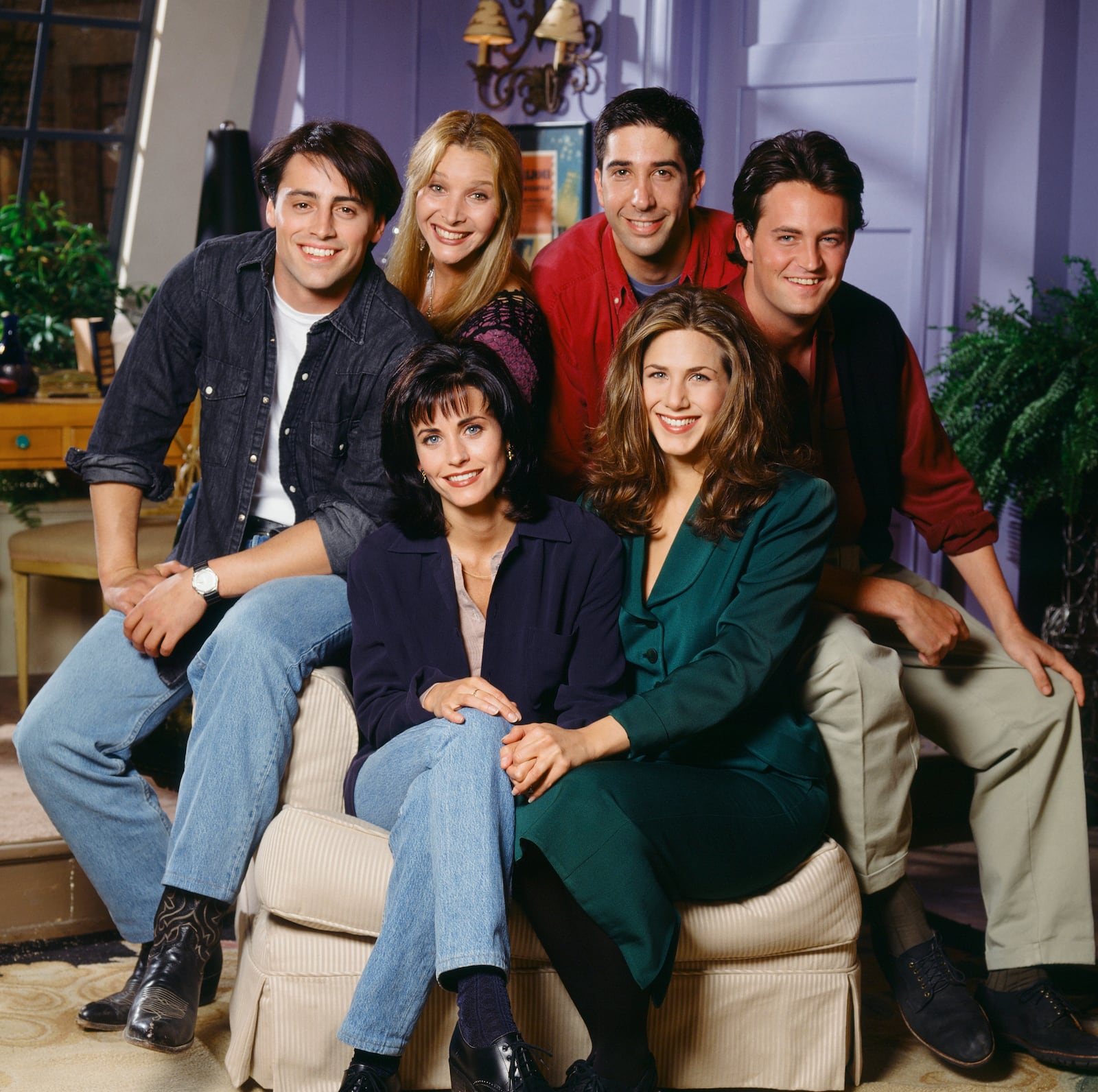 The "Friends" cast: Matt LeBlanc, Lisa Kudrow, David Schwimmer, Matthew Perry, Courteney Cox, and Jennifer Aniston.