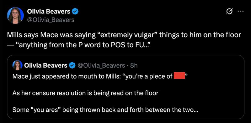 WSJ Congress reporter Olivia Beavers had a ringside seat to the action. The exchange was not caught on camera.