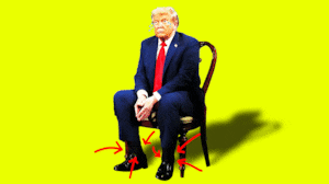Donald Trump sitting in a chair with swollen ankles and arrows pointing at them