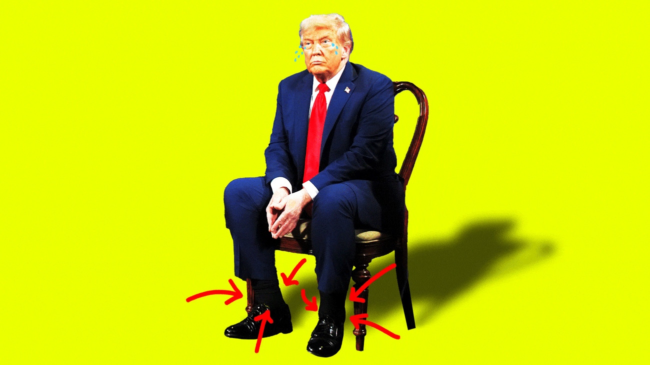 Donald Trump sitting in a chair with swollen ankles and arrows pointing at them