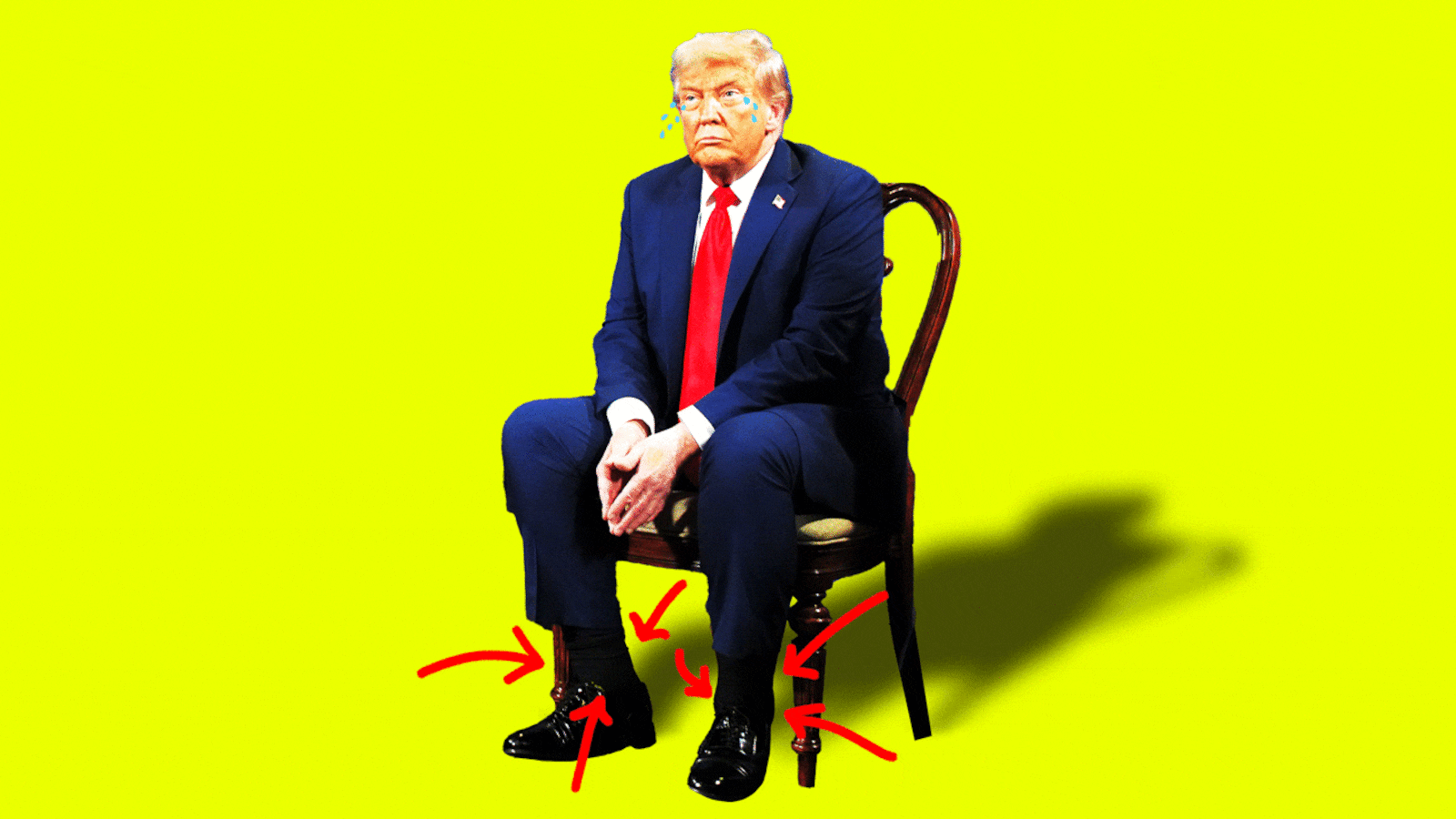 Donald Trump sitting in a chair with swollen ankles and arrows pointing at them