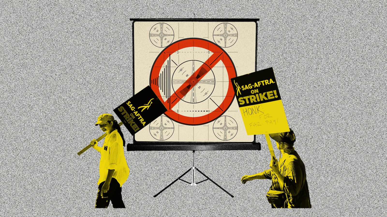 SAG-AFTRA protestors in front of a standing projector screen with a screen test and a red circle with a line through it/stop sign overlaid on top.