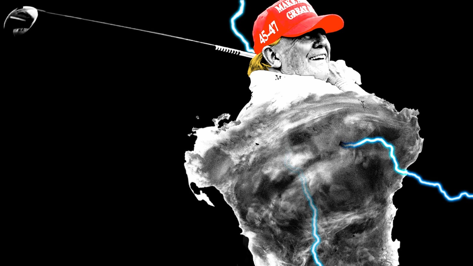 Donald Trump playing golf in a tornado