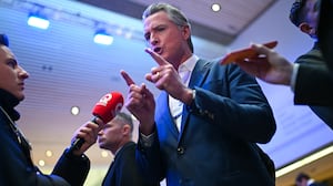 US Governor of California Gavin Newsom speaks to the press on the sidelines of the World Economic Forum (WEF) annual meeting in Davos on January 20, 2026. The World Economic Forum takes place in Davos from January 19 to January 23, 2026. (Photo by Fabrice COFFRINI / AFP via Getty Images)