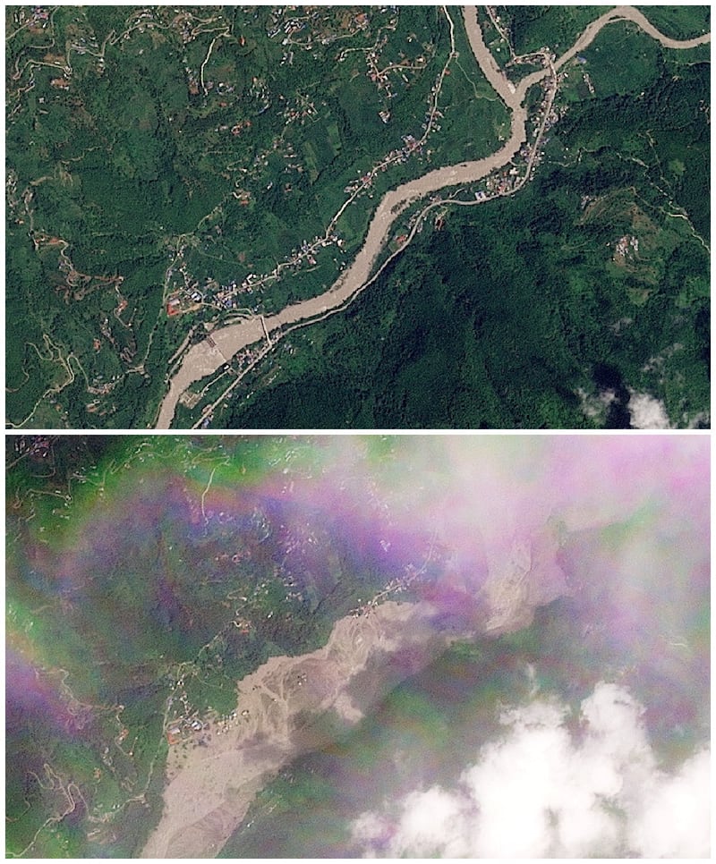 A combination of satellite images shows Tupche on August 23, 2026, before a flash flood (top) and on August 26, 2026, following a flash flood (bottom) that affected the area, Nepal. 2026 PLANET LABS PBC/Handout via REUTERS    THIS IMAGE HAS BEEN SUPPLIED BY A THIRD PARTY. MANDATORY CREDIT