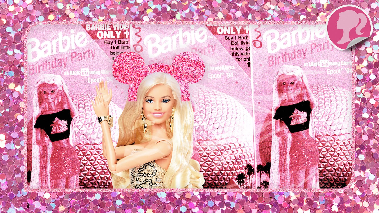 An illustration including photos of a Toy Barbie Doll and stills for the VHS Tape Barbie's Birthday Party in Disney World.
