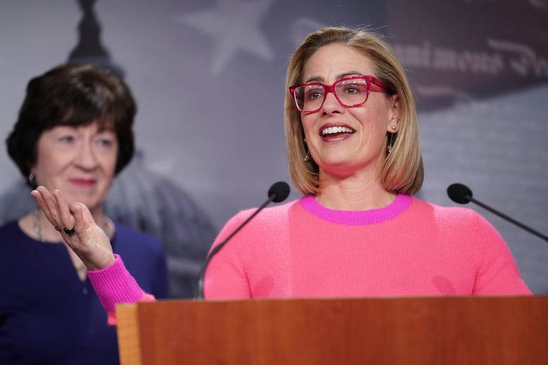 Senator Kyrsten Sinema (D-AZ) speaks during a news conference on the passage of the Respect for Marriage Act at the U.S. Capitol in Washington, D.C., U.S., November 29, 2022. REUTERS/Sarah Silbiger