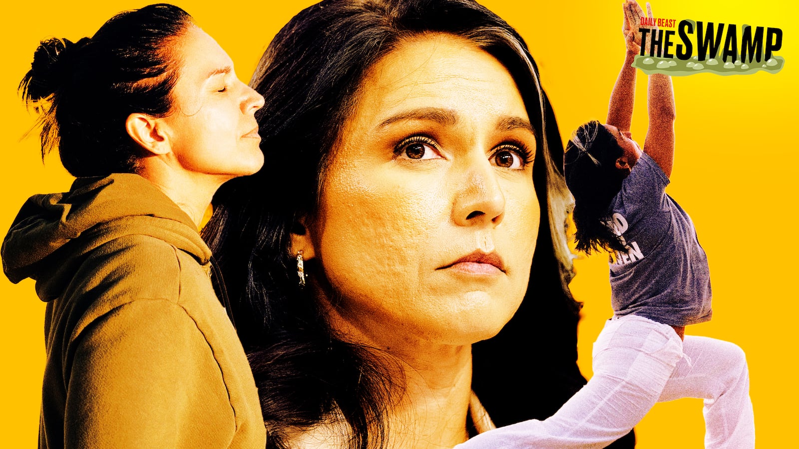 A photo illustration of Tulsi Gabbard and Gabbard doing yoga for The Swamp.