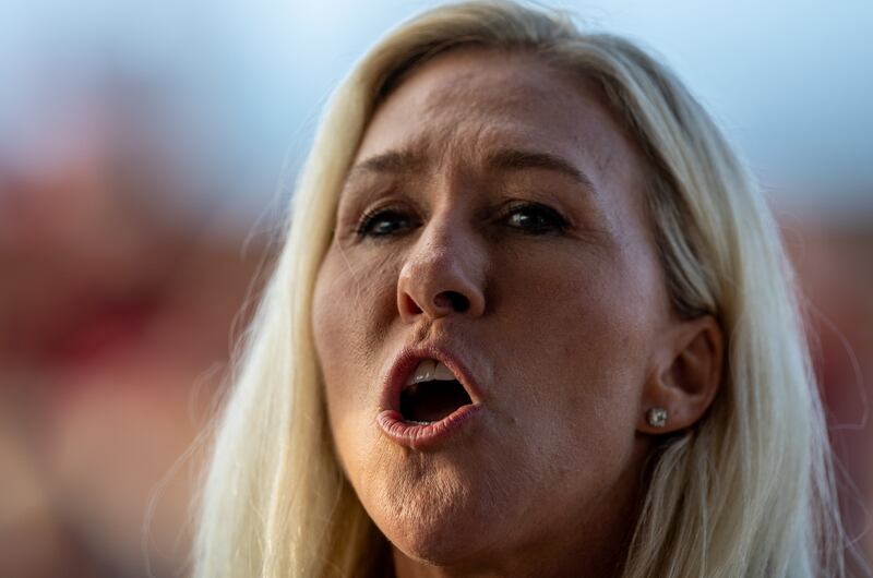 U.S. Rep, Marjorie Taylor Greene (R-GA) attends a campaign rally for Donald Trump.