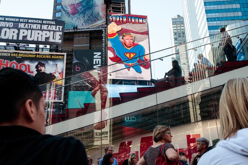 A digital billboard featuring Donald "Super Trump" Trump is pictured in Times Square on September 15, 2016 in New York City. The billboard was paid for by a pro-Trump political action committee.