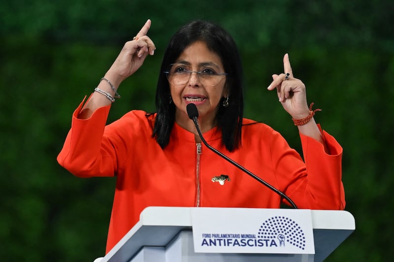 Venezuela's Vice President Delcy Rodriguez speaks during the Antifascist Global Parliamentary Forum in Caracas on November 5, 2024. (Photo by Juan BARRETO / AFP) (Photo by JUAN BARRETO/AFP via Getty Images)