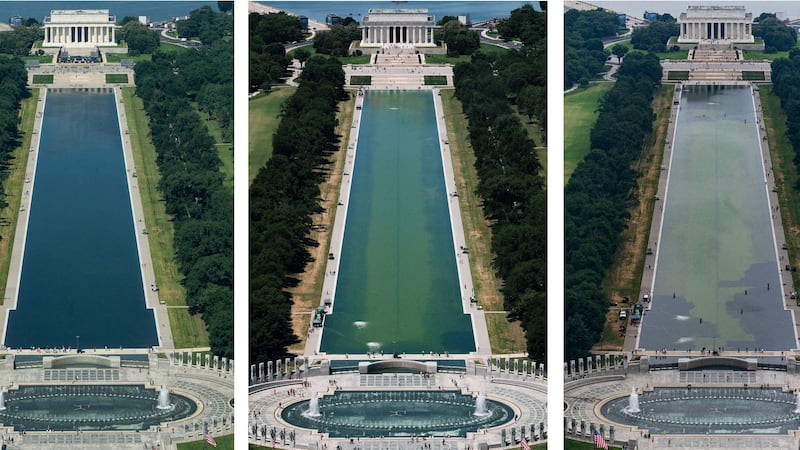 A combination of pictures of the renovations of the Reflecting Pool taken May 2, May 28, June 7, June 12, June 16 and June 18, 2026, which was painted blue at the directive of U.S. President Donald Trump, ahead of the 250th anniversary of U.S. Independence, in Washington, D.C. REUTERS/Ken Cedeno/ Kylie Cooper/Annabelle Gordon/Eric Lee/Evan Vucci/Annabelle Gordon     TPX IMAGES OF THE DAY