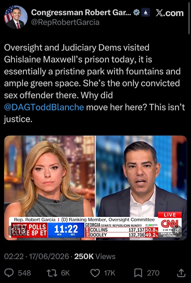 Garcia's X post that caused BOP bosses to meltdown.