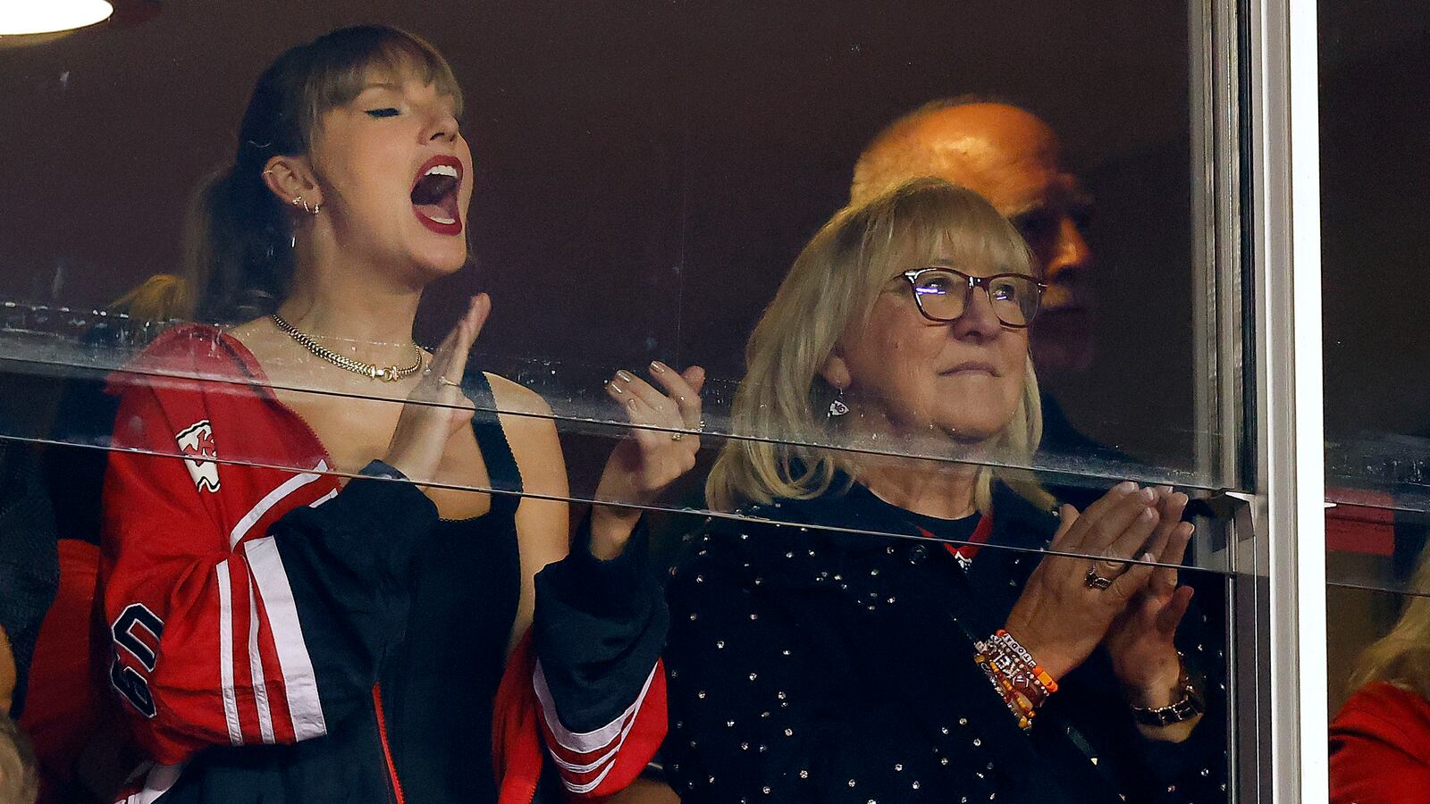 Taylor Swift and Donna Kelce cheer before the game between the Kansas City Chiefs and the Denver Broncos