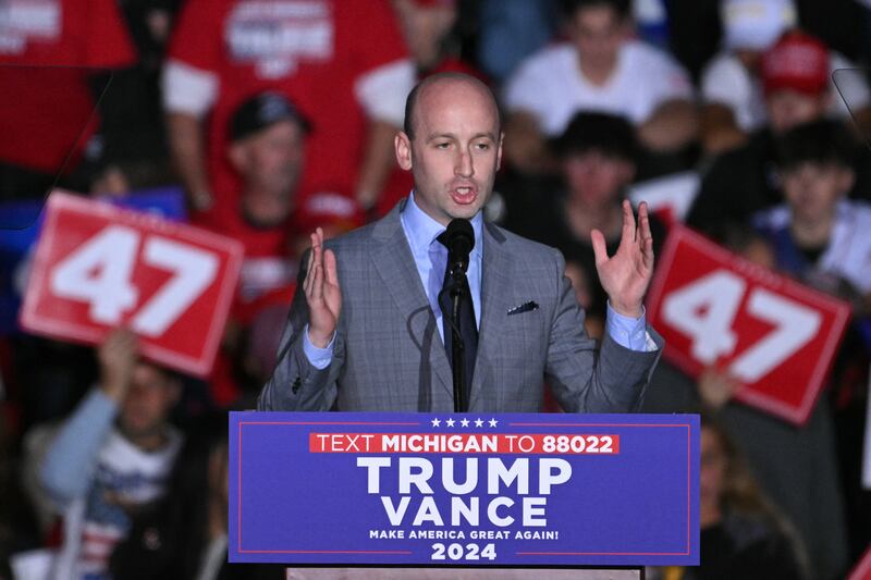 Stephen Miller speaks at a rally for Donald Trump at the Suburban Collection Showplace in Novi, Michigan, October 26, 2024.