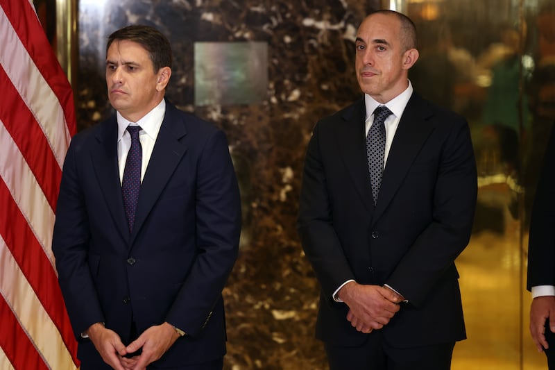 Attorneys Todd Blanche and Emil Bove watch as Republican presidential nominee, former U.S. President Donald Trump speaks during a press conference at Trump Tower on September 06, 2024 in New York City. Trump held a press conference hours after attending a federal appeals court attempting to get a new trial after a jury found he sexually abused and defamed E. Jean Carroll. A nine-member jury awarded Carroll $5 million in damages following a two-week trial last year and another jury awarded her $83.3 million in damages after finding Trump defamed her again in 2022.