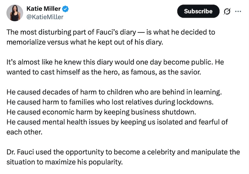 Katie Miller blasts Anthony Fauci on X.