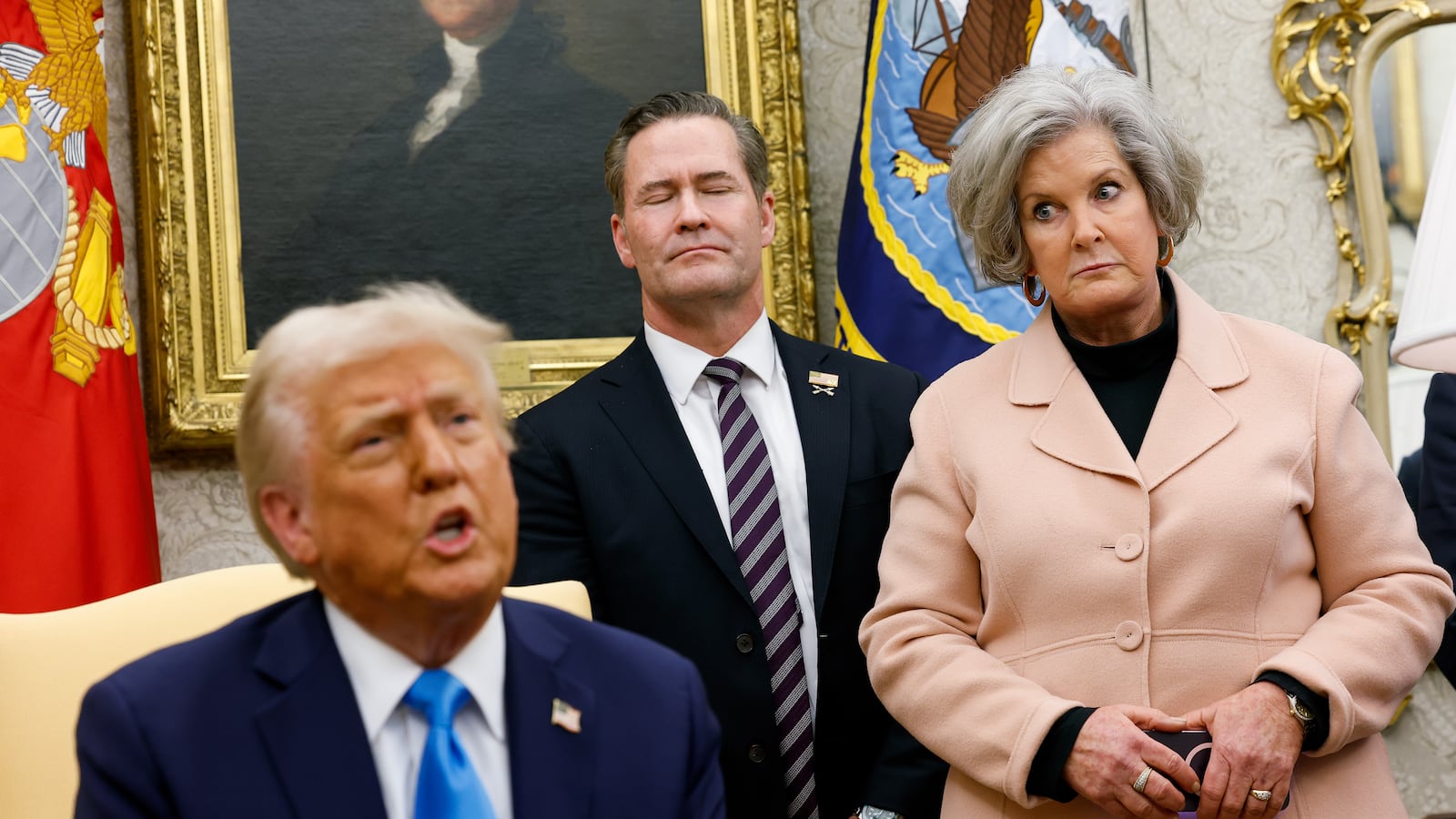 WASHINGTON, DC - FEBRUARY 04: (L-R) U.S. President Donald Trump, accompanied by U.S. National Security Adviser Michael Waltz, and White House Chief of Staff Susie Wiles, speaks during a meeting with Israeli Prime Minister Benjamin Netanyahu in the Oval Office of the White House on February 04, 2025 in Washington, DC. Netanyahu is the first foreign leader to visit Trump since he returned to the White House last month. (Photo by Anna Moneymaker/Getty Images)