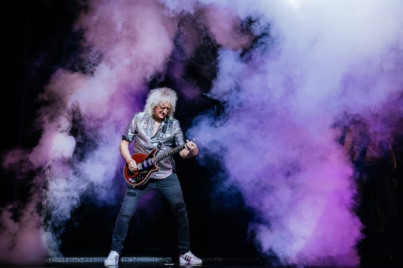 Guitarist Brian May of Queen performs during the "We Will Rock You" musical premiere at Stage Palladium Theater on October 17, 2025 in Stuttgart, Germany.