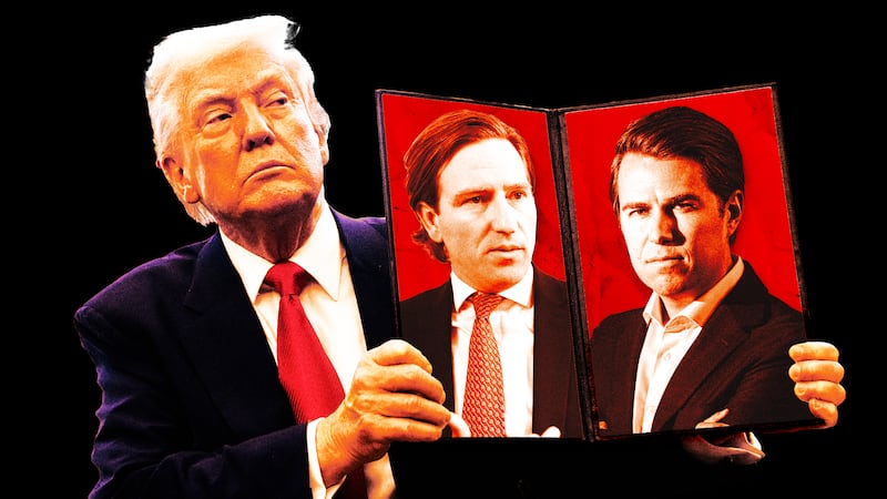 A photo illustration of President Donald Trump holding up an executive order with the faces of Chris Krebs and Miles Taylor.