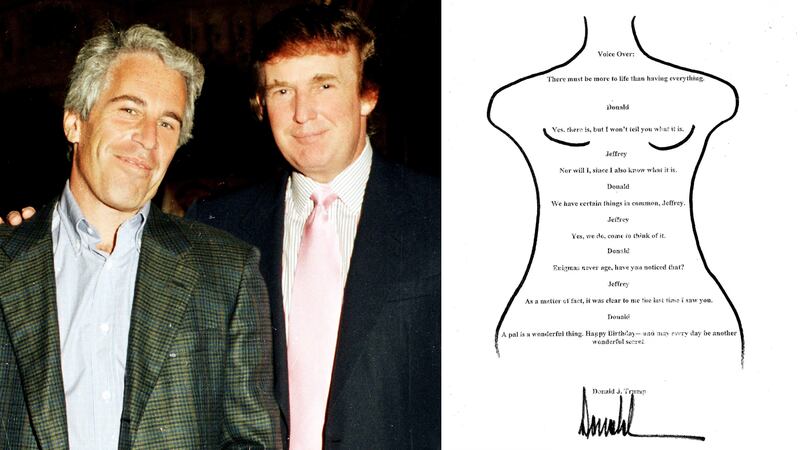 Jeffrey Epstein, Donald Trump, and Trump's birthday doodle letter to Jeffrey Epstein.