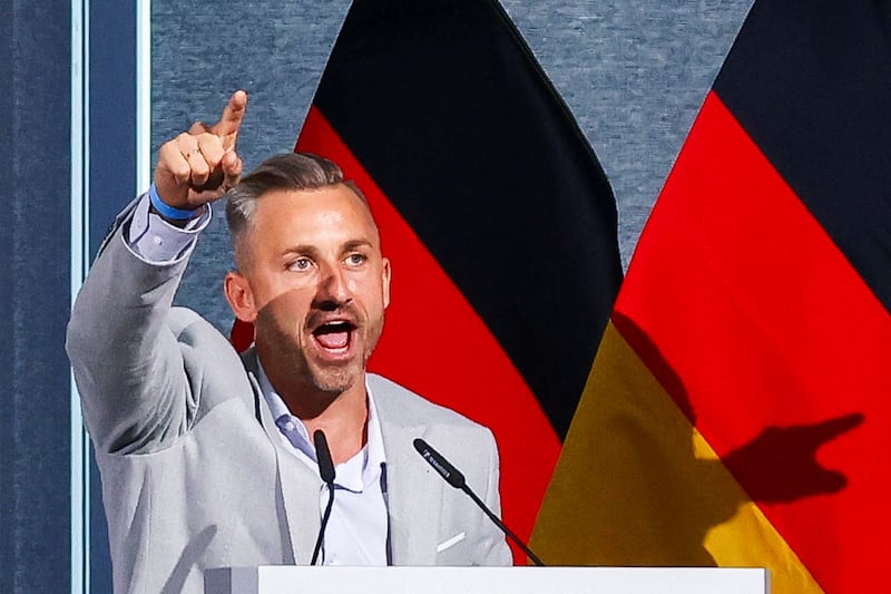 Ulrich Siegmund, the top candidate of the far-right Alternative for Germany (AfD) party in Germany's Saxony-Anhalt state election, gestures as he addresses a local party congress in Magdeburg, Germany July 11, 2026. REUTERS/Christian Mang