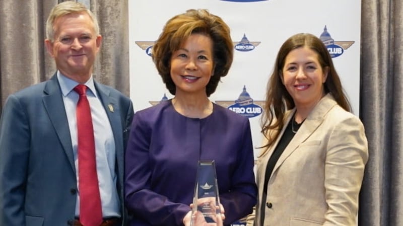 Elaine Chao accepted the Donald D. Engen Trophy for Aviation Excellence on Wednesday. Her husband did not appear in any photos from the event.