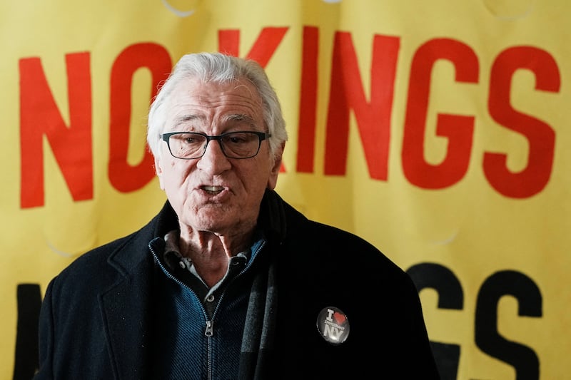 Actor Robert De Niro speaks during a press conference on the day of a "No Kings" protest against U.S. President Donald Trump's administration policies, in New York City, New York, U.S., March 28, 2026. REUTERS/Eduardo Munoz