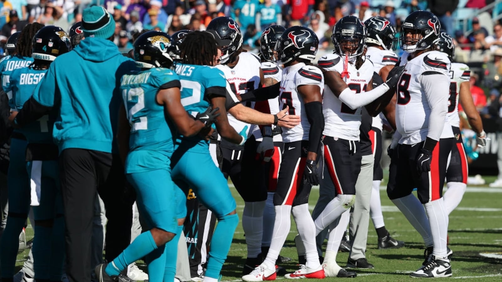 The Jacksonville Jaguars and the Houston Texans launch into a benches-clearing brawl after a hit on Trevor Lawrence.