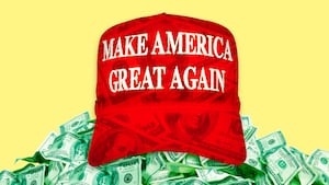 A photo illo illustration of a MAGA hat and pile of money.