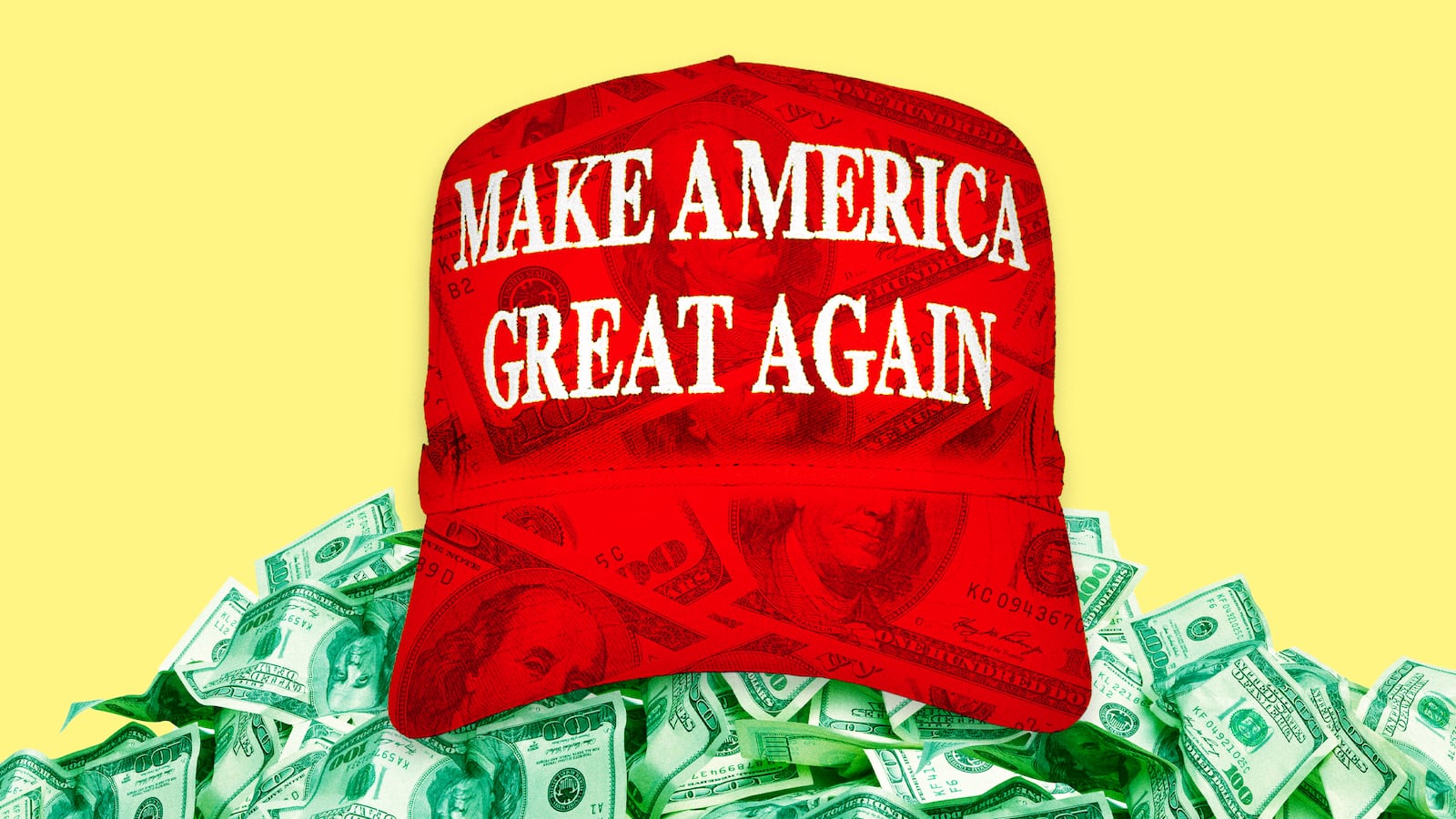 A photo illo illustration of a MAGA hat and pile of money.
