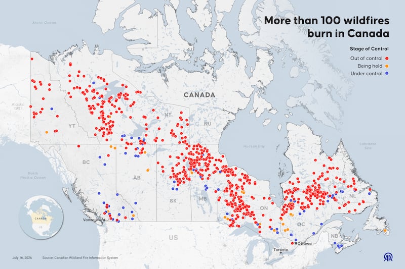 An infographic titled "More than 100 wildfires burn in Canada"