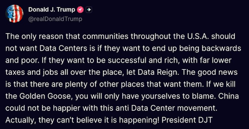 Screengrab of Trump's Truth Social post.