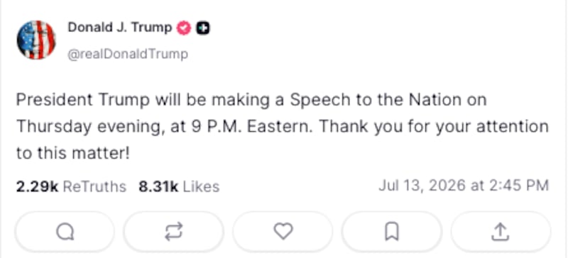 Trump didn't provide any details in his post about the speech.