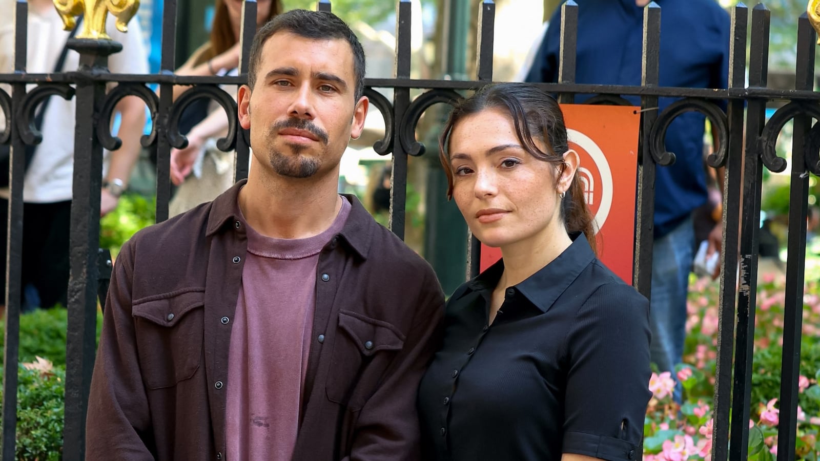 Octavio Pisano and Juliana Aidén Martinez are seen filming on location for "Law & Order: Special Victims Unit" in Midtown, Manhattan on August 05, 2024 in New York City.