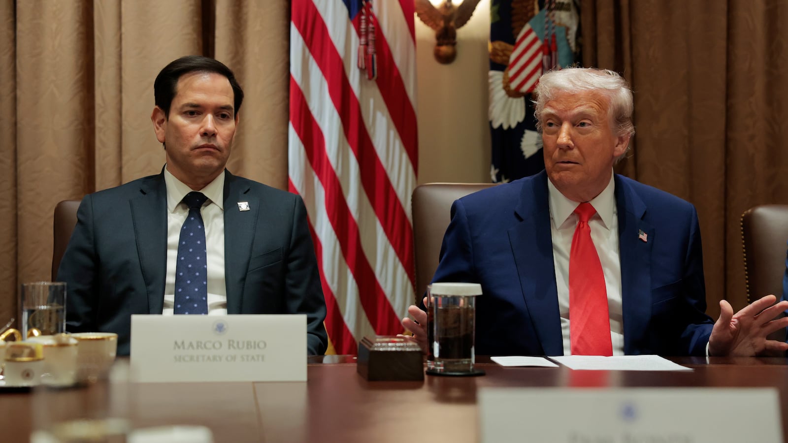 WASHINGTON, DC - APRIL 10: U.S. Secretary of State Marco Rubio speaks alongside U.S. President Donald Trump during a Cabinet meeting at the White House on April 10, 2025 in Washington, DC. President Trump convened a Cabinet meeting a day after announcing a 90-day pause on ‘reciprocal’ tariffs, with the exception of China. (Photo by Anna Moneymaker/Getty Images)