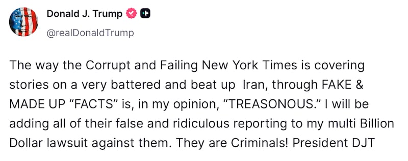 Donald Trump calls The New York Times reporting "treasonous."