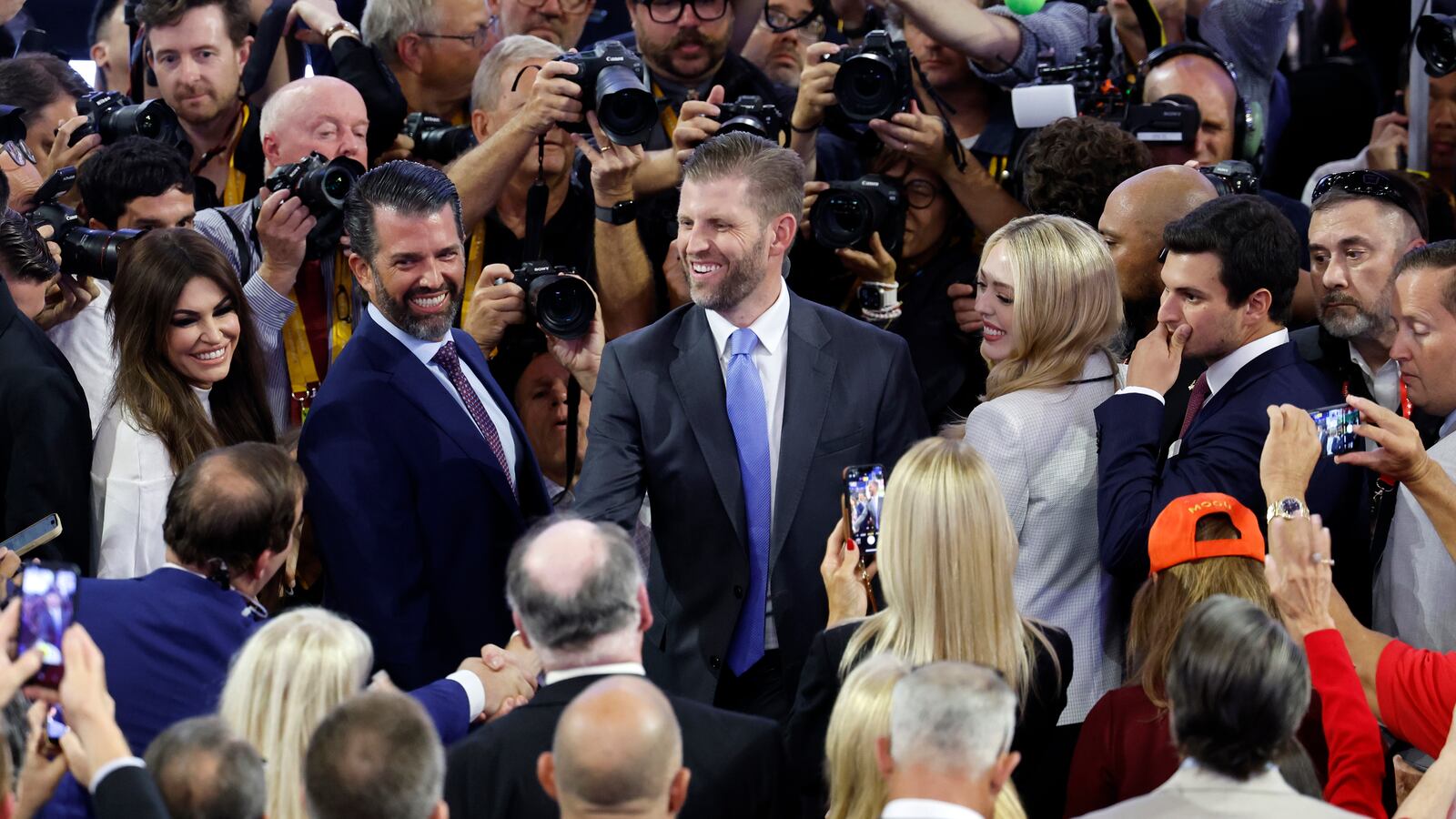 Donald Trump Jr. and Eric Trump attend the first day of the Republican National Convention at the Fiserv Forum on July 15, 2024 in Milwaukee, Wisconsin.