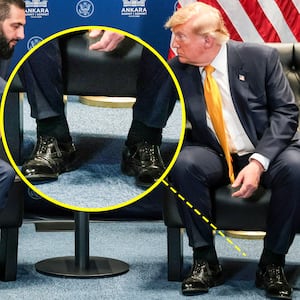 Highlighting Trump's cankles during a meeting with Syrian President Ahmed al-Sharaa during a bilateral meeting alongside the NATO leaders summit at the Bestepe Presidential Compound in Ankara, Turkey, July 8, 2026.