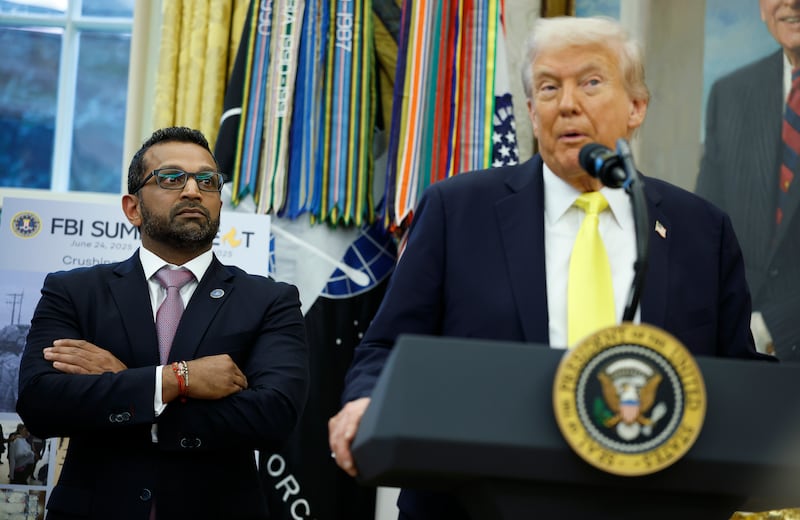 WASHINGTON, DC - OCTOBER 15: U.S. President Donald Trump speaks alongside Federal Bureau of Investigation Director Kash Patel during a press conference in the Oval Office of the White House on October 15, 2025 in Washington, DC. Trump and Patel provided an update on the Trump administration’s progress in reducing violent crime. (Photo by Kevin Dietsch/Getty Images)
