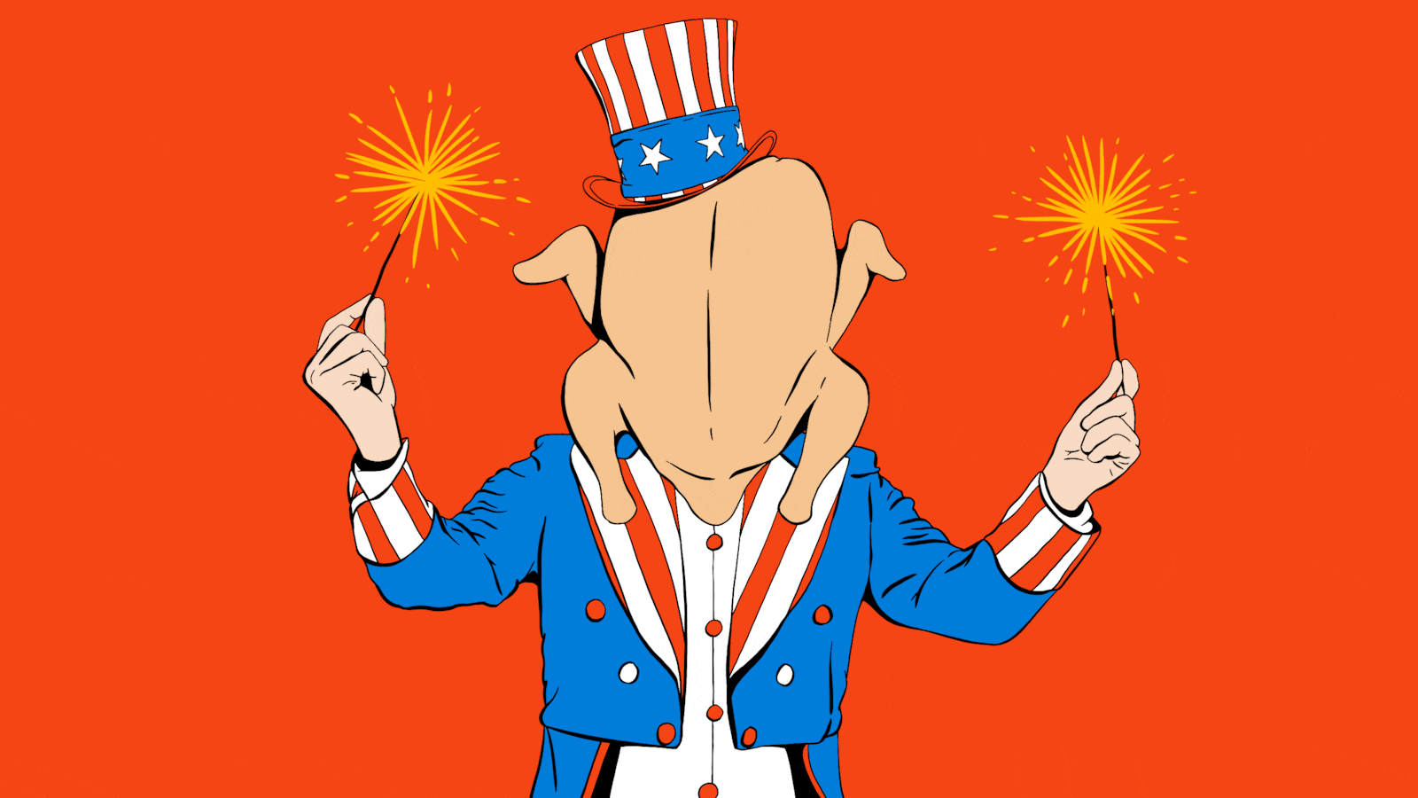 Uncle Sam with sparklers wearing a turkey on his head