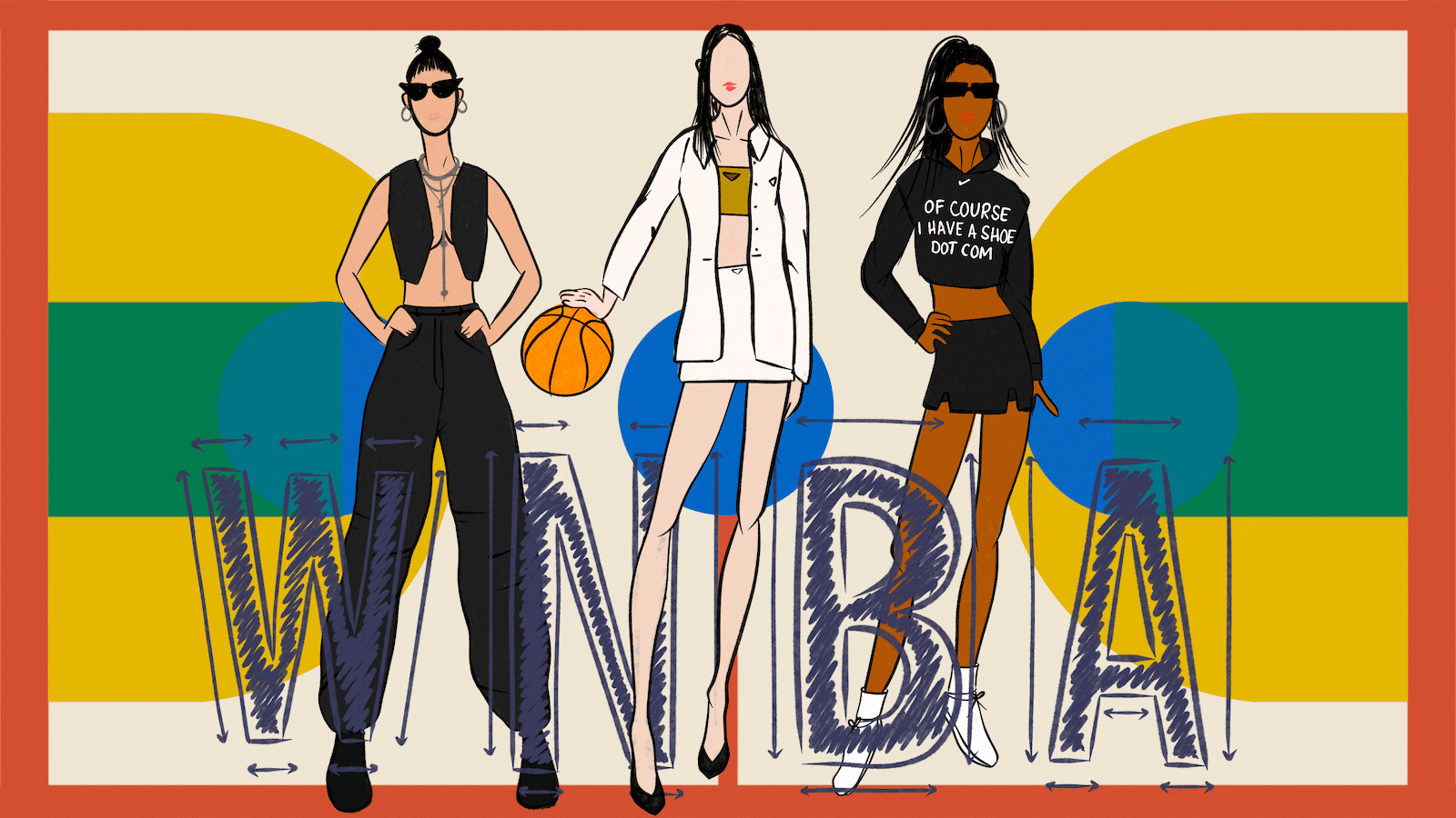 Illustrative gif of three fashion drawings of Kelsey Plum, Caitlin Clark, and A'Ja Wilson on a minimalist basketball court