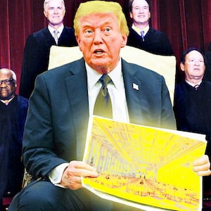A photo illustration of Donald Trump holding up renderings of his ballroom plans and SCOTUS justices.