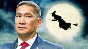 A photo illo illustration of new acting Navy secretary of Hung Cao and a witch flying on a broomstick in the sky.