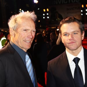 LONDON, ENGLAND - JANUARY 31: Clint Eastwood and Matt Damon attend the UK premiere of Invictus held the at The Odeon West End on January 31, 2010 in London, England. (Photo by Dave Hogan/Getty Images)