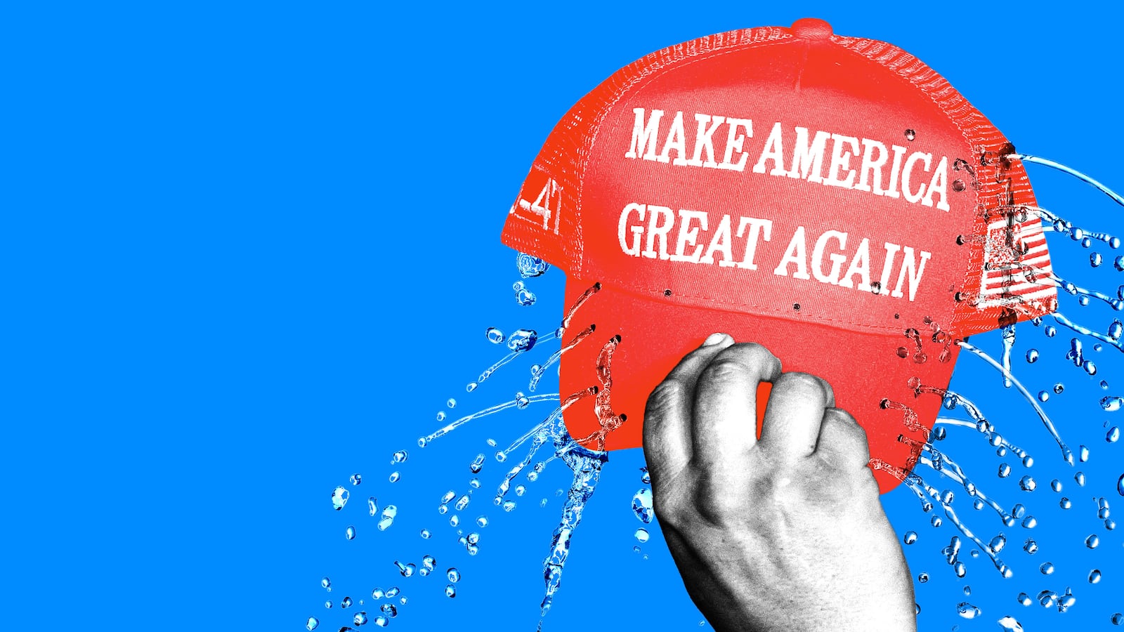 Illo illustration of a person holding a MAGA hat that is leaking water