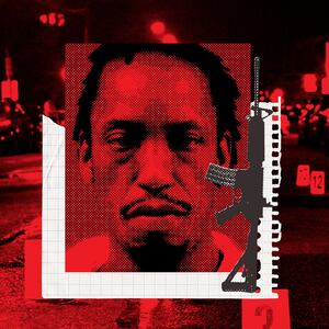 An illustration of Kimbrady Carricker and an AR-15