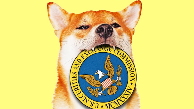 A photo illustration of shibu inu DOGE dog with the SEC logo.