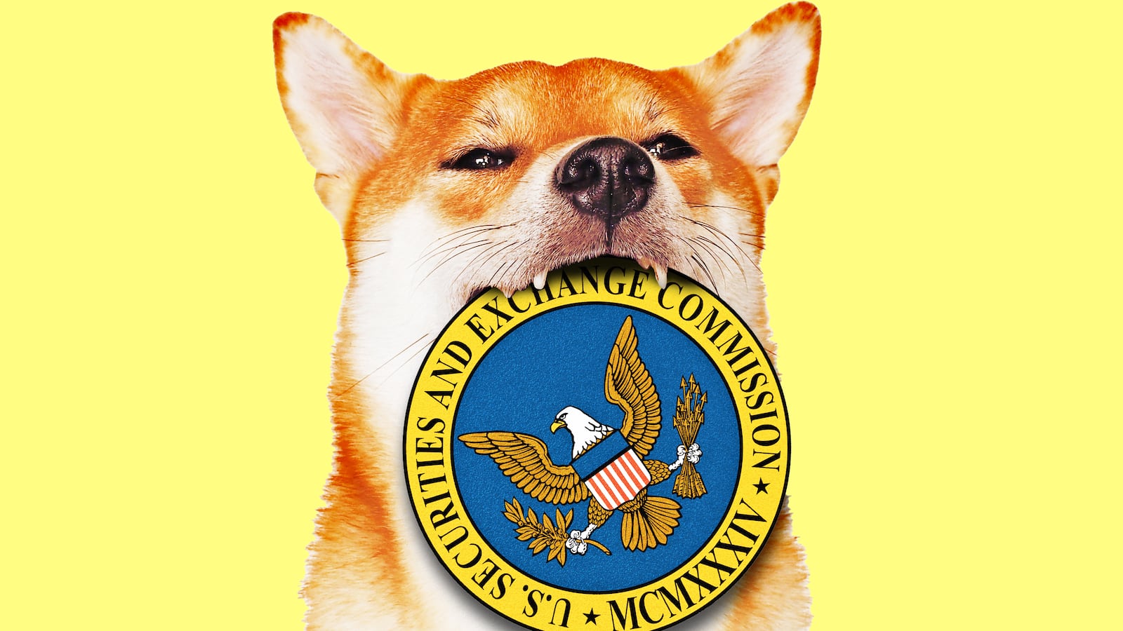 A photo illustration of shibu inu DOGE dog with the SEC logo.