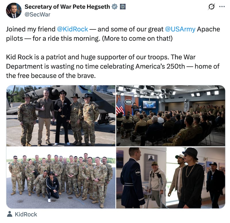 Pete Hegseth posts on X about a helicopter joyride with Kid Rock